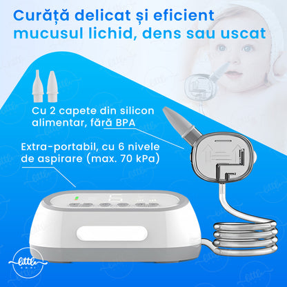 Aspirator Nazal Electric pentru Bebelusi, LittleDomi, 6 Trepte, Rezervor 30ml, Baterie 2000mAh, Reincarcabil USB-C, Fara Fir, Ecran LED, ABS+Silicon, Usor de Curatat, Silentios, Lumina de Veghe, Muzica, 50 filtre, 2 Capete, Clema Curatare, Alb — LD-491 fotografie 3