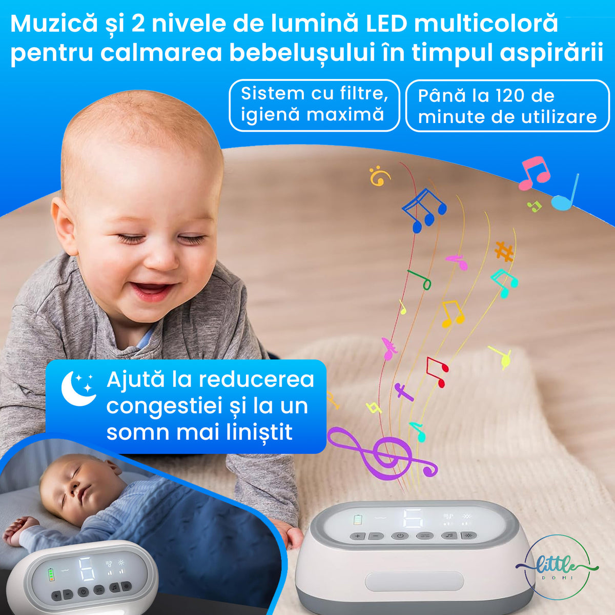 Aspirator Nazal Electric pentru Bebelusi, LittleDomi, 6 Trepte, Rezervor 30ml, Baterie 2000mAh, Reincarcabil USB-C, Fara Fir, Ecran LED, ABS+Silicon, Usor de Curatat, Silentios, Lumina de Veghe, Muzica, 50 filtre, 2 Capete, Clema Curatare, Alb — LD-491 fotografie 4