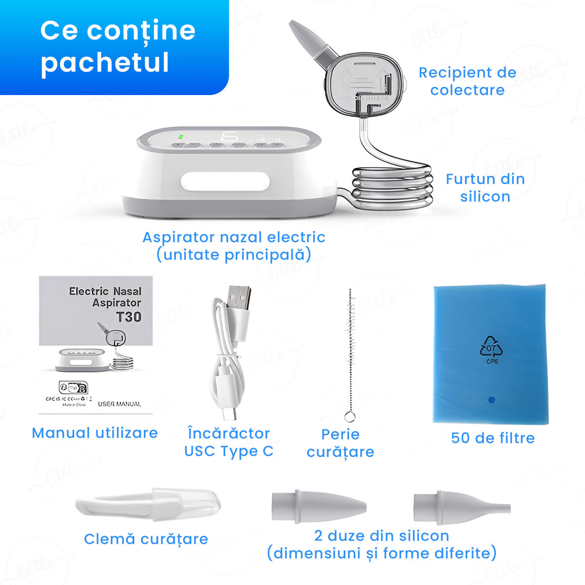 Aspirator Nazal Electric pentru Bebelusi, LittleDomi, 6 Trepte, Rezervor 30ml, Baterie 2000mAh, Reincarcabil USB-C, Fara Fir, Ecran LED, ABS+Silicon, Usor de Curatat, Silentios, Lumina de Veghe, Muzica, 50 filtre, 2 Capete, Clema Curatare, Alb — LD-491 fotografie 8