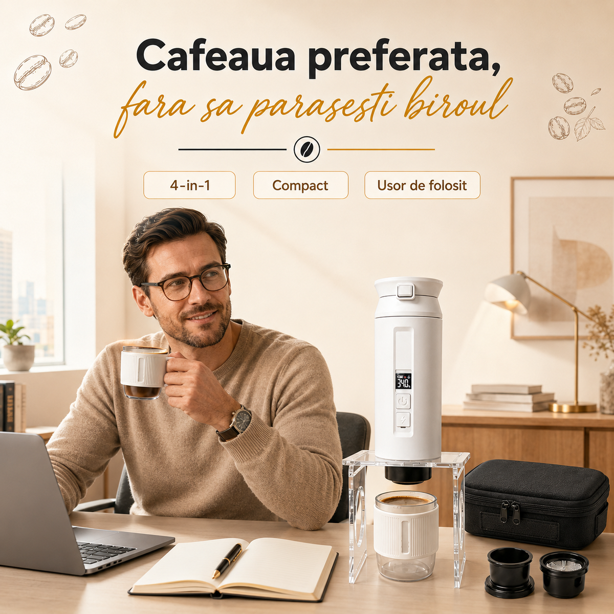 Espressor portabil 4-in-1, LittleDomi, capsule tip Nespresso/Dolce Gusto, cafea macinata si ceai, sistem ceramic incalzire - MCH, 100 ml SUS304, 30 bar, 9500mAh, USB-C, cana 325 ml, geanta, stand, spumator lapte, ac distributie cafea, Alb — LD-498 fotografie 11