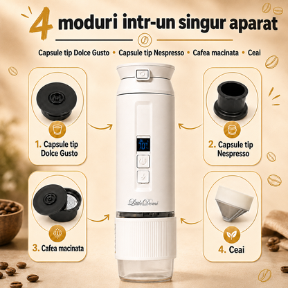 Espressor portabil 4-in-1, LittleDomi, capsule tip Nespresso/Dolce Gusto, cafea macinata si ceai, sistem ceramic incalzire - MCH, 100 ml SUS304, 30 bar, 9500mAh, USB-C, cana 325 ml, geanta, stand, spumator lapte, ac distributie cafea, Alb — LD-498 fotografie 2