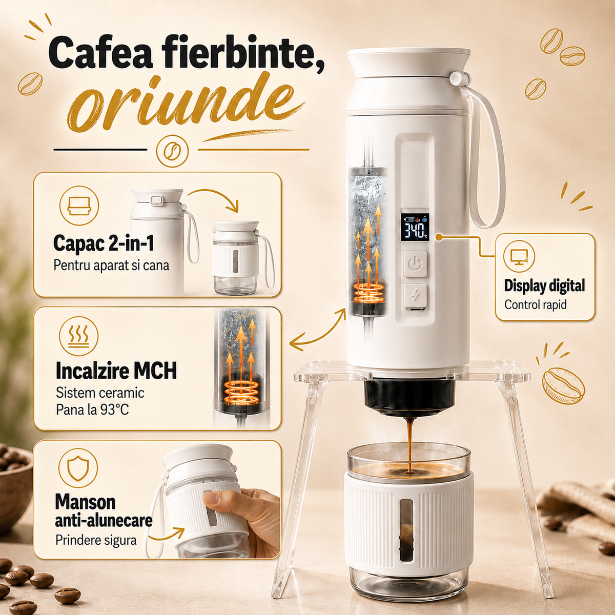 Espressor portabil 4-in-1, LittleDomi, capsule tip Nespresso/Dolce Gusto, cafea macinata si ceai, sistem ceramic incalzire - MCH, 100 ml SUS304, 30 bar, 9500mAh, USB-C, cana 325 ml, geanta, stand, spumator lapte, ac distributie cafea, Alb — LD-498 fotografie 3
