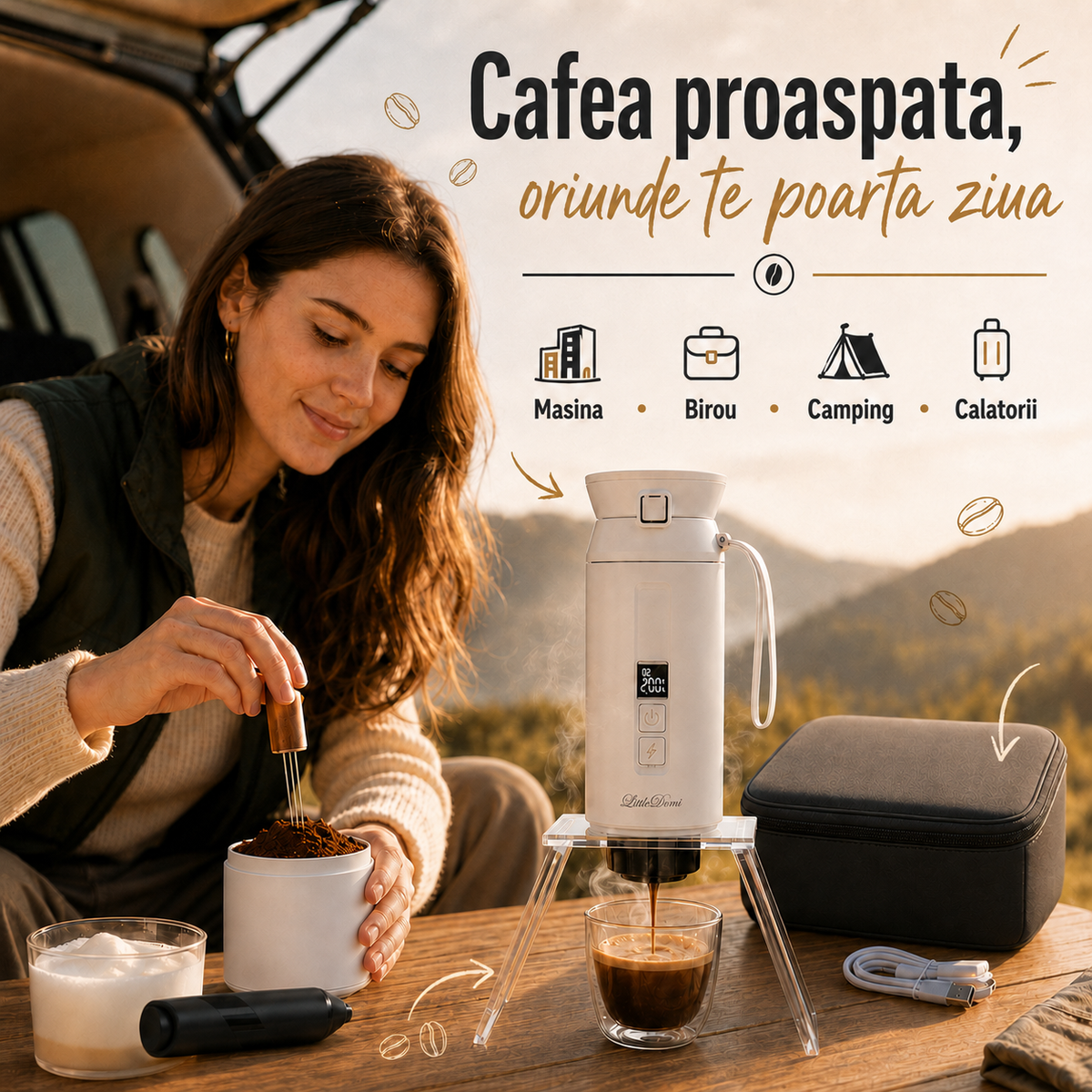 Espressor portabil 4-in-1, LittleDomi, capsule tip Nespresso/Dolce Gusto, cafea macinata si ceai, sistem ceramic incalzire - MCH, 100 ml SUS304, 30 bar, 9500mAh, USB-C, cana 325 ml, geanta, stand, spumator lapte, ac distributie cafea, Alb — LD-498 fotografie 4