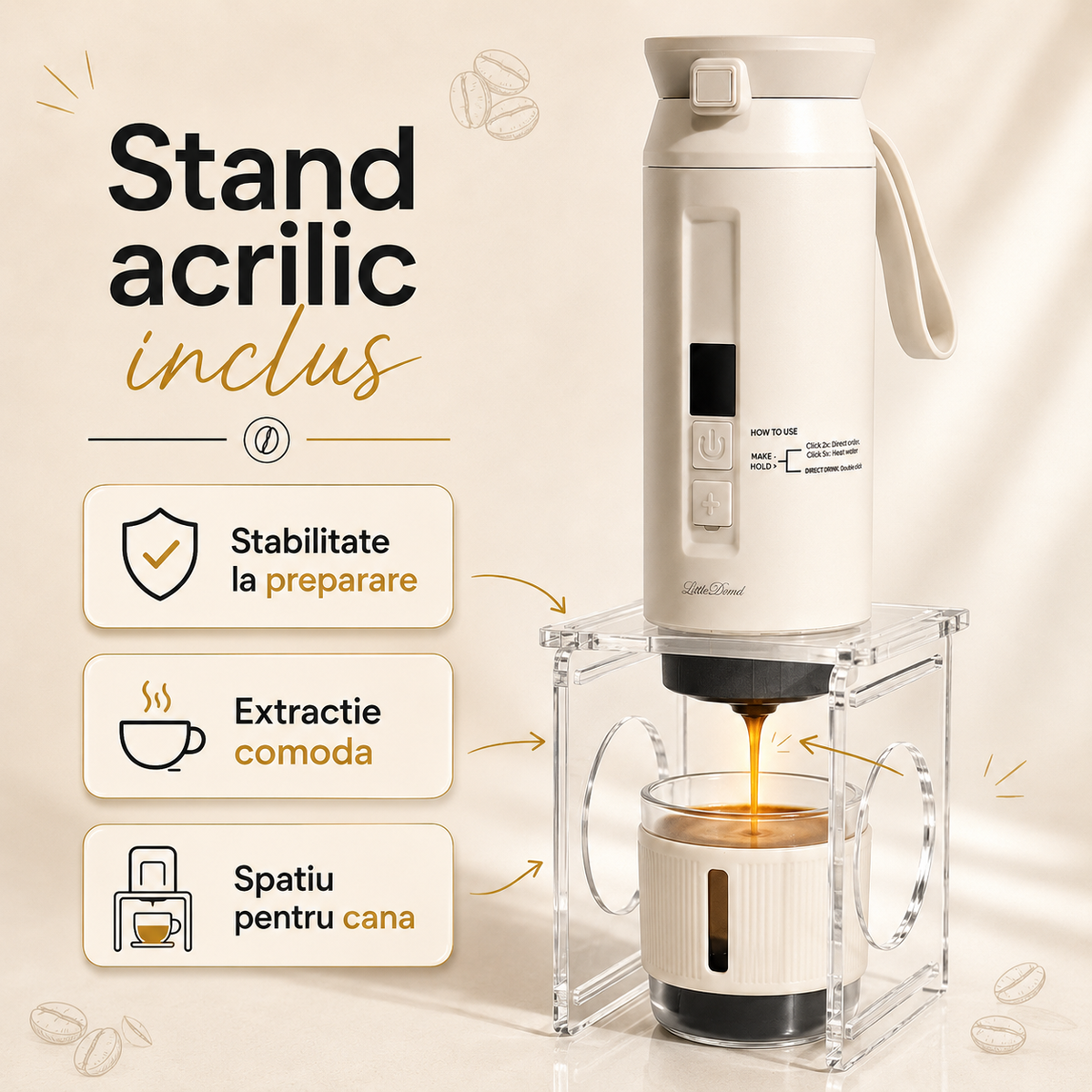 Espressor portabil 4-in-1, LittleDomi, capsule tip Nespresso/Dolce Gusto, cafea macinata si ceai, sistem ceramic incalzire - MCH, 100 ml SUS304, 30 bar, 9500mAh, USB-C, cana 325 ml, geanta, stand, spumator lapte, ac distributie cafea, Alb — LD-498 fotografie 5