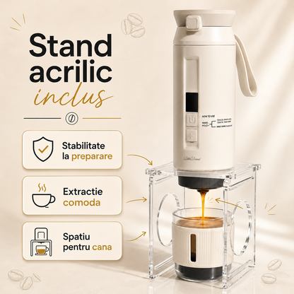 Espressor portabil 4-in-1, LittleDomi, capsule tip Nespresso/Dolce Gusto, cafea macinata si ceai, sistem ceramic incalzire - MCH, 100 ml SUS304, 30 bar, 9500mAh, USB-C, cana 325 ml, geanta, stand, spumator lapte, ac distributie cafea, Alb — LD-498 fotografie 5