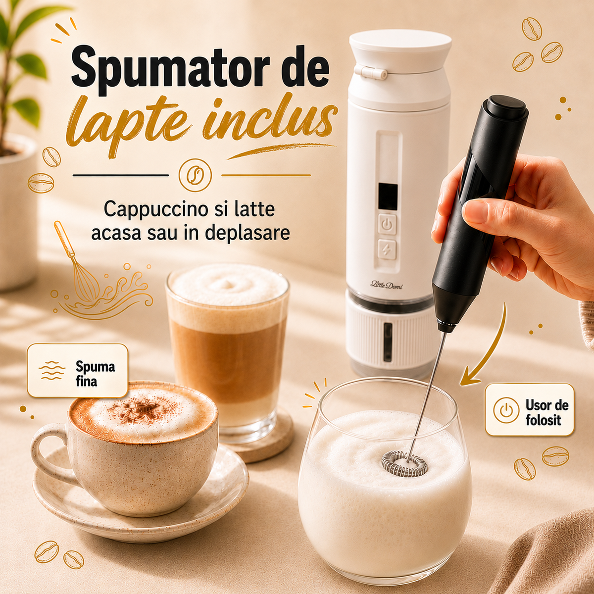 Espressor portabil 4-in-1, LittleDomi, capsule tip Nespresso/Dolce Gusto, cafea macinata si ceai, sistem ceramic incalzire - MCH, 100 ml SUS304, 30 bar, 9500mAh, USB-C, cana 325 ml, geanta, stand, spumator lapte, ac distributie cafea, Alb — LD-498 fotografie 6