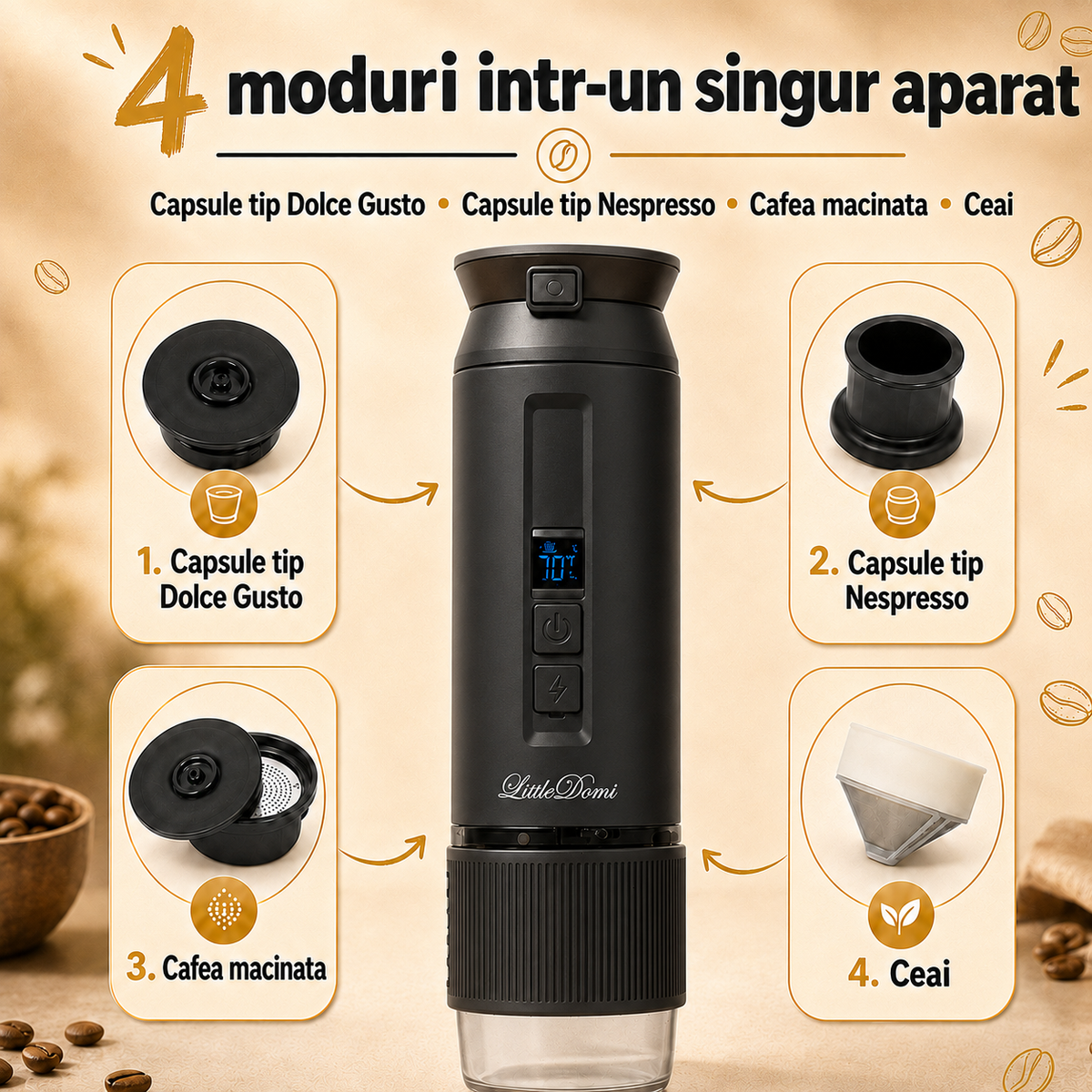 Espressor portabil 4-in-1, LittleDomi, capsule tip Nespresso/Dolce Gusto, cafea macinata si ceai, sistem ceramic incalzire - MCH, 100 ml SUS304, 30 bar, 9500mAh, USB-C, cana 325 ml, geanta, stand, spumator lapte, ac distributie cafea, Negru — LD-499 fotografie 2