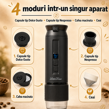 Espressor portabil 4-in-1, LittleDomi, capsule tip Nespresso/Dolce Gusto, cafea macinata si ceai, sistem ceramic incalzire - MCH, 100 ml SUS304, 30 bar, 9500mAh, USB-C, cana 325 ml, geanta, stand, spumator lapte, ac distributie cafea, Negru — LD-499 fotografie 2