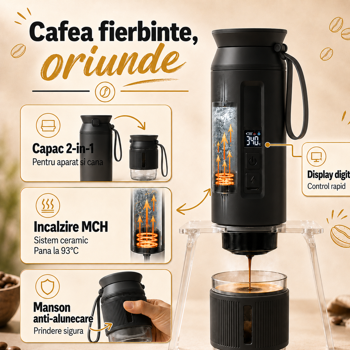 Espressor portabil 4-in-1, LittleDomi, capsule tip Nespresso/Dolce Gusto, cafea macinata si ceai, sistem ceramic incalzire - MCH, 100 ml SUS304, 30 bar, 9500mAh, USB-C, cana 325 ml, geanta, stand, spumator lapte, ac distributie cafea, Negru — LD-499 fotografie 3
