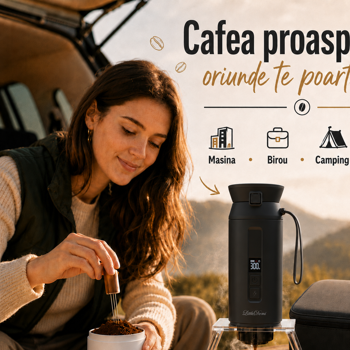 Espressor portabil 4-in-1, LittleDomi, capsule tip Nespresso/Dolce Gusto, cafea macinata si ceai, sistem ceramic incalzire - MCH, 100 ml SUS304, 30 bar, 9500mAh, USB-C, cana 325 ml, geanta, stand, spumator lapte, ac distributie cafea, Negru — LD-499 fotografie 4