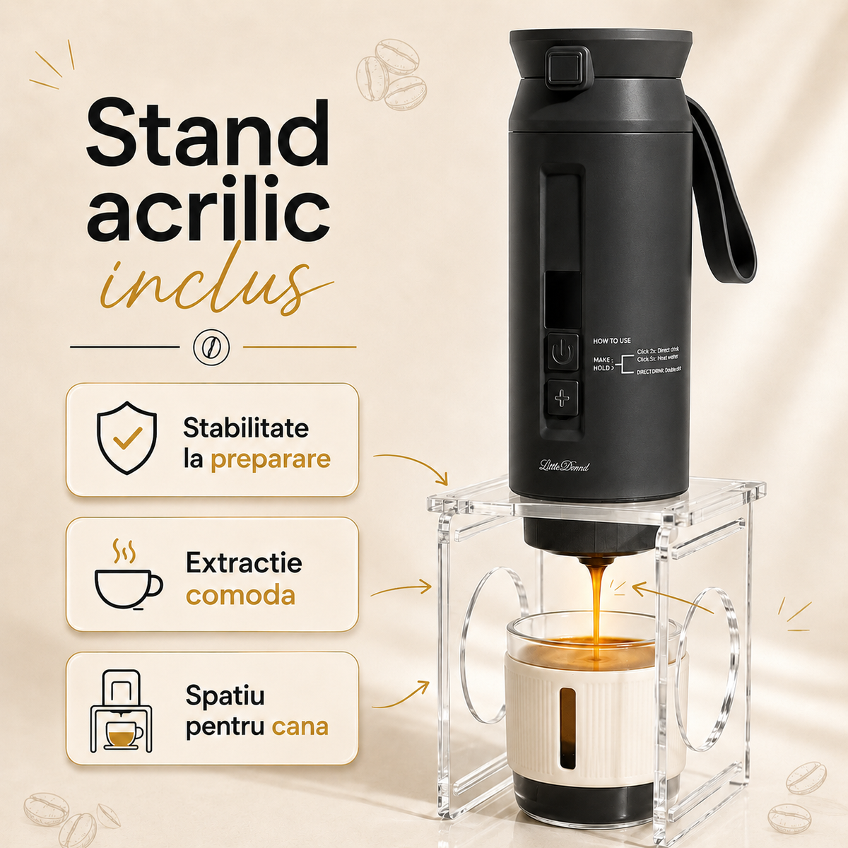 Espressor portabil 4-in-1, LittleDomi, capsule tip Nespresso/Dolce Gusto, cafea macinata si ceai, sistem ceramic incalzire - MCH, 100 ml SUS304, 30 bar, 9500mAh, USB-C, cana 325 ml, geanta, stand, spumator lapte, ac distributie cafea, Negru — LD-499 fotografie 5