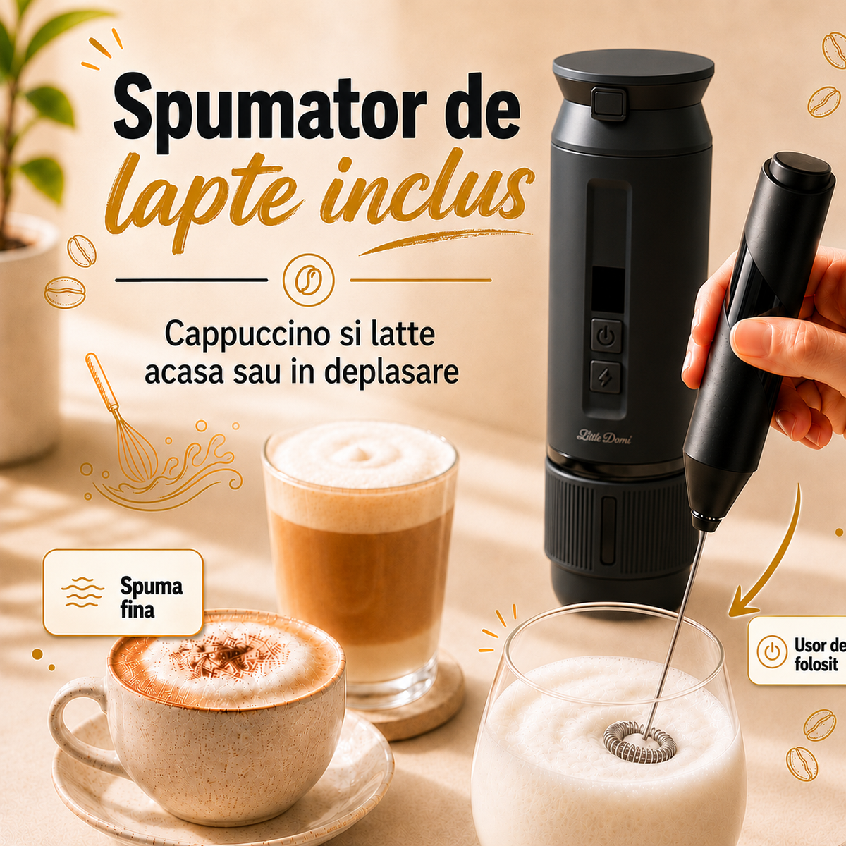 Espressor portabil 4-in-1, LittleDomi, capsule tip Nespresso/Dolce Gusto, cafea macinata si ceai, sistem ceramic incalzire - MCH, 100 ml SUS304, 30 bar, 9500mAh, USB-C, cana 325 ml, geanta, stand, spumator lapte, ac distributie cafea, Negru — LD-499 fotografie 6