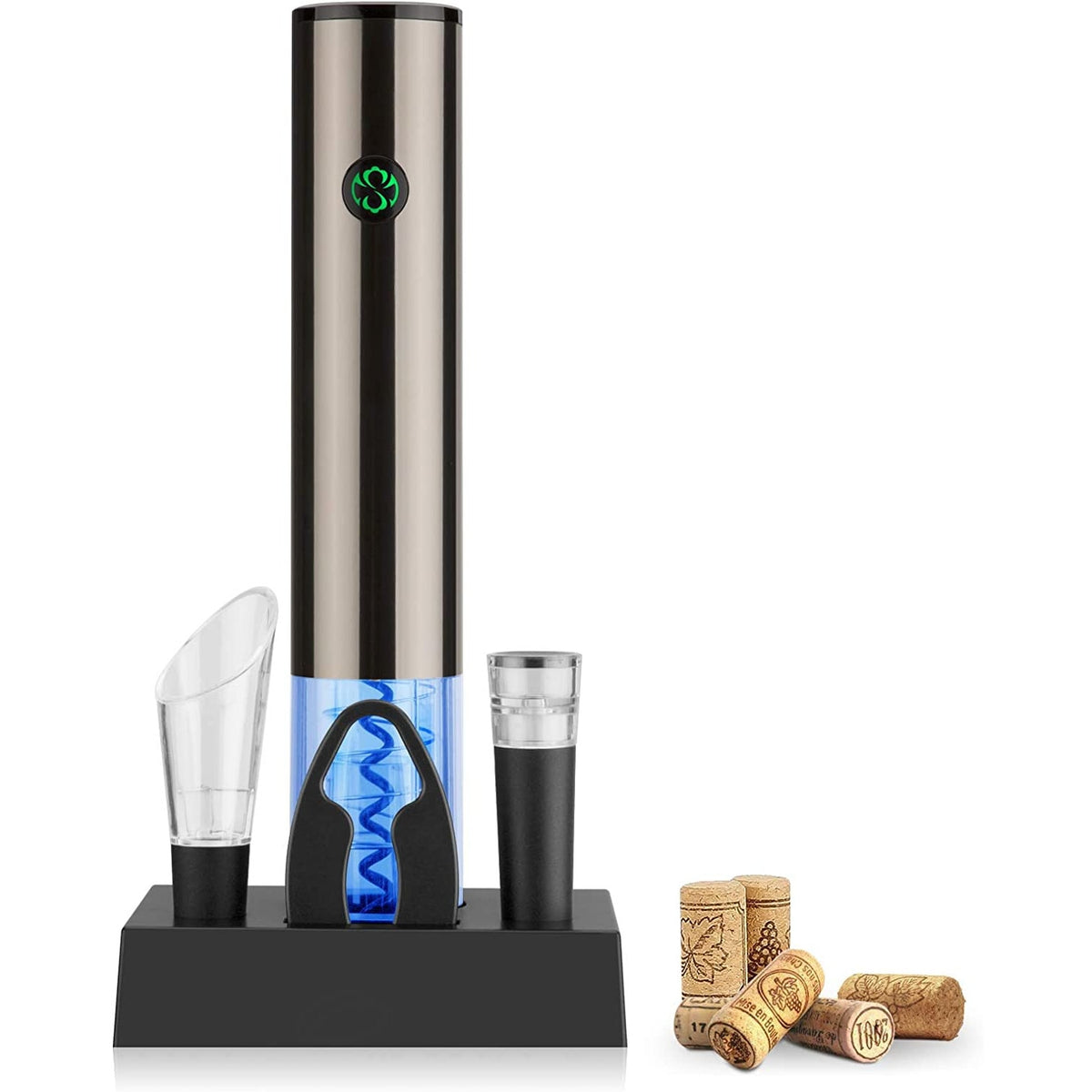 Tirbuson Electric pentru Vin, cu Baza Reincarcabila, Accesoriu Taiat Folie, Aerator, Dop Pompa Vid, 4 Acumulatori, Notificare Baterie, One-Touch, Automat, Inox — LD-282 galerie 2