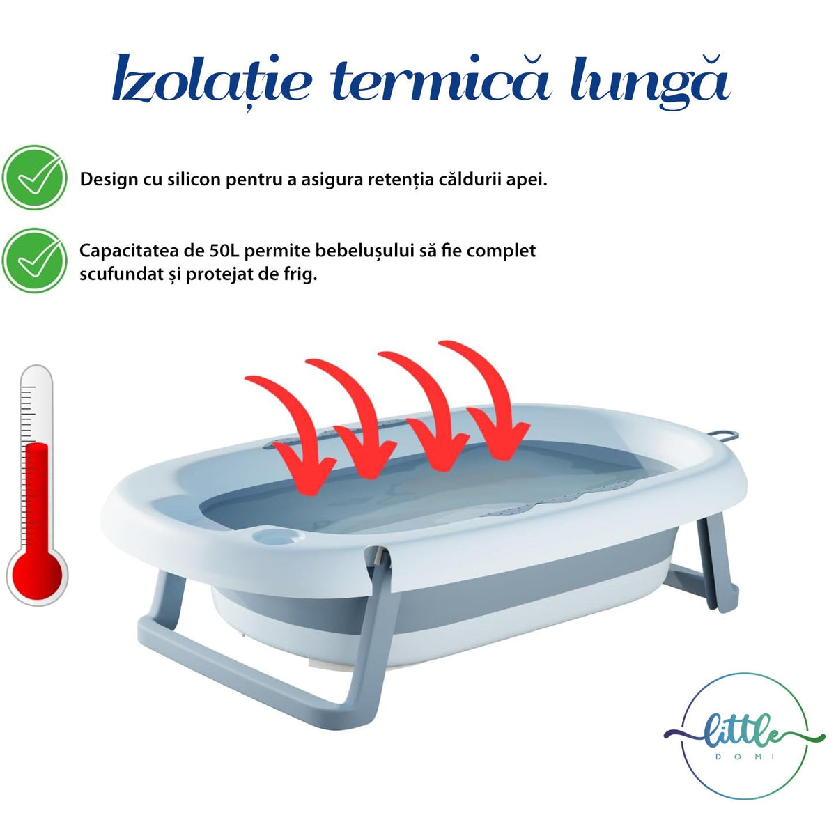 Cadita Pliabila cu Perna de Baie Hipoalergenica pentru Bebelusi LittleDomi®. 0-18 Luni, Termometru Incorporat, Suport pentru Cap de Dus si Sapun, Dop Scurgere, Cana pentru Clatire Tip Jucarie, Picioare Antiderapante, Gaura Agatare, Albastru — LD-447 galerie 7