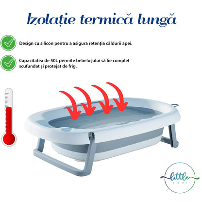 Cadita Pliabila cu Perna de Baie Hipoalergenica pentru Bebelusi LittleDomi®. 0-18 Luni, Termometru Incorporat, Suport pentru Cap de Dus si Sapun, Dop Scurgere, Cana pentru Clatire Tip Jucarie, Picioare Antiderapante, Gaura Agatare, Albastru — LD-447 galerie 7
