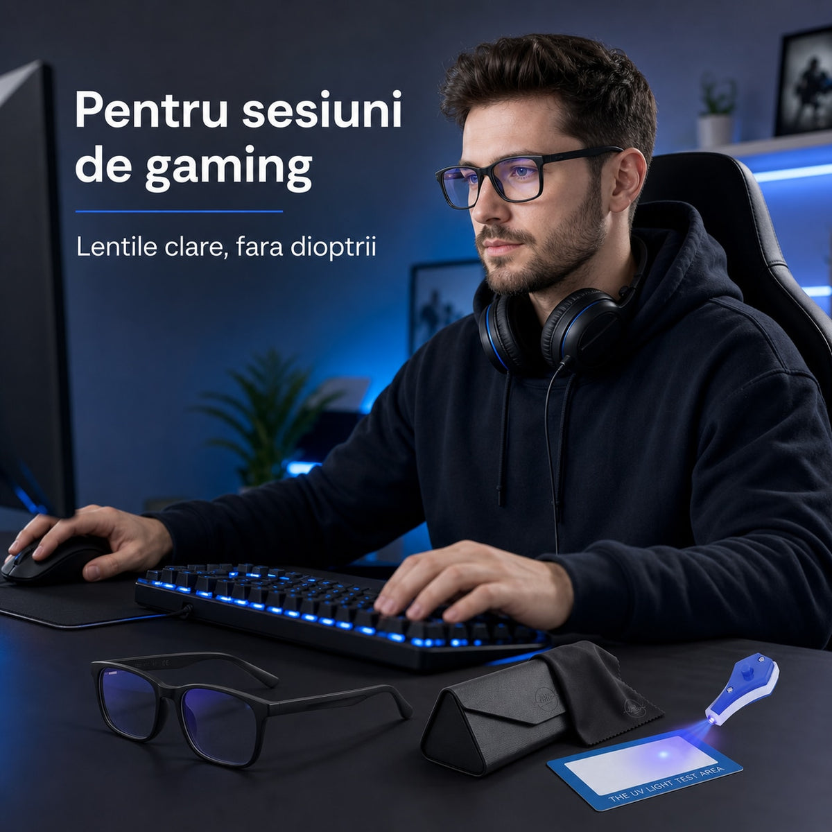 Ochelari Protectie Calculator, Ecran Telefon, Televizor, Gaming, anti Lumina Albastra, Antireflex, fara Dioptrii, cu Toc Pliabil, Test Filtru Lumina Albastra, Negru — LD-203 galerie 3