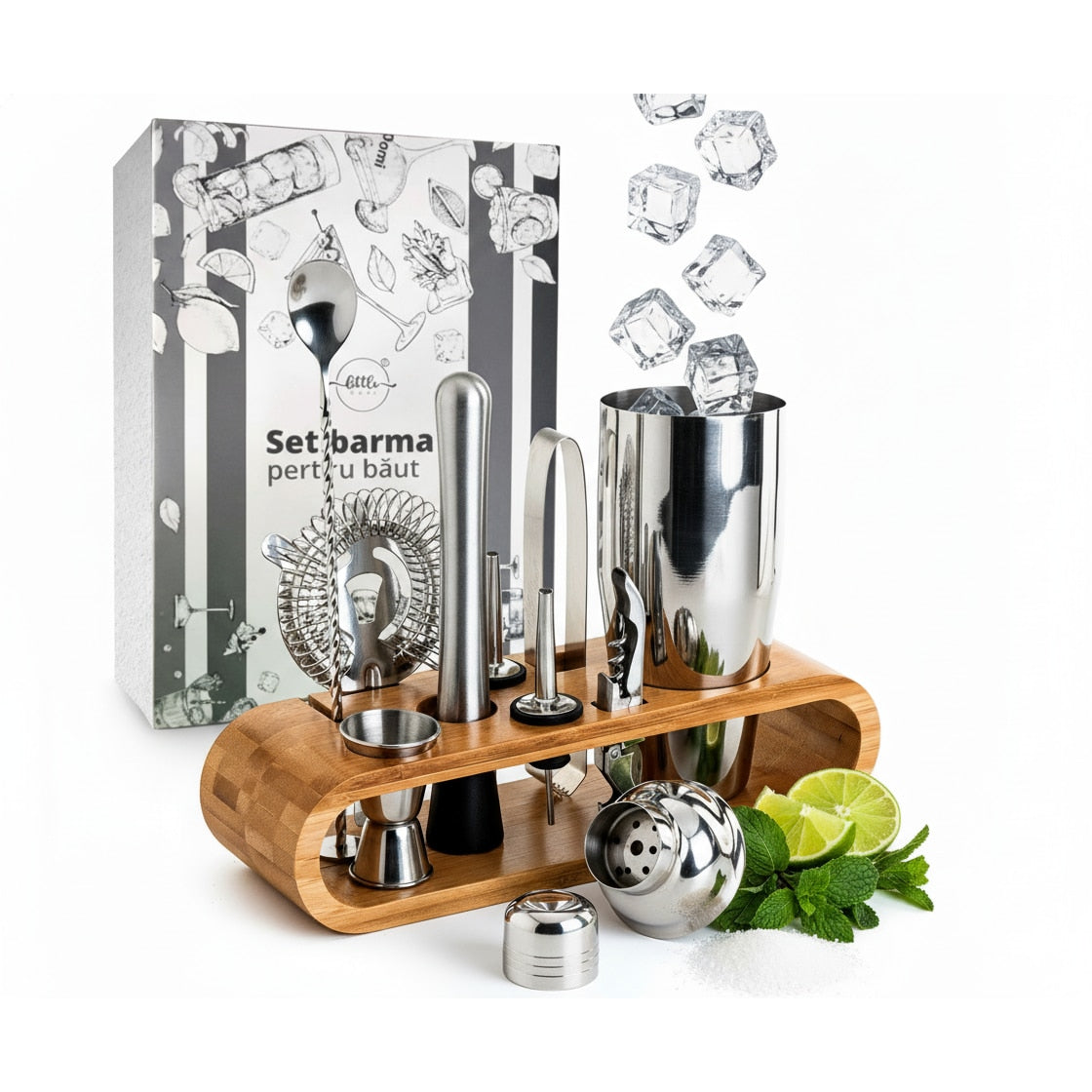 Set de Barman pentru Bauturi, LittleDomi, Suport din Bambus, Shaker Cobbler 550 ml, 10 Piese, Otel Inoxidabil, Argintiu — LD-343 galerie 1