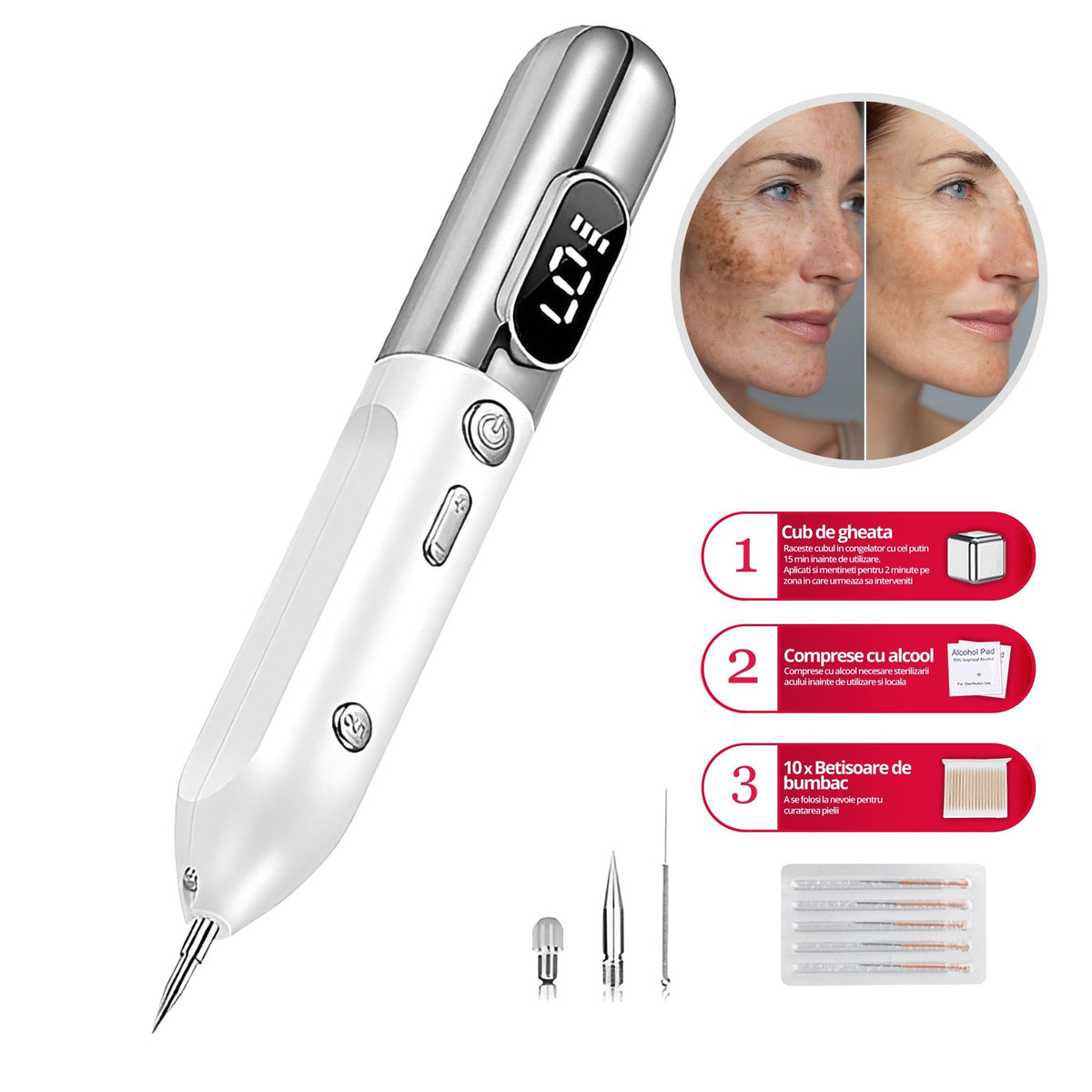 Aparat Plasma Pen LittleDomi, Indepartare Petelor, Negilor, Pistruilor, Cicatricelor, Alunitelor, Tatuajelor, Lifting Pleoape, Ecran LCD, 9 Trepte, Portabil, Reincarcabil, Lampa, 1x Cub Gheata Inox, 2x Servetel cu Alcool, 10x Betisoare, Alb — LD-396 galerie 1
