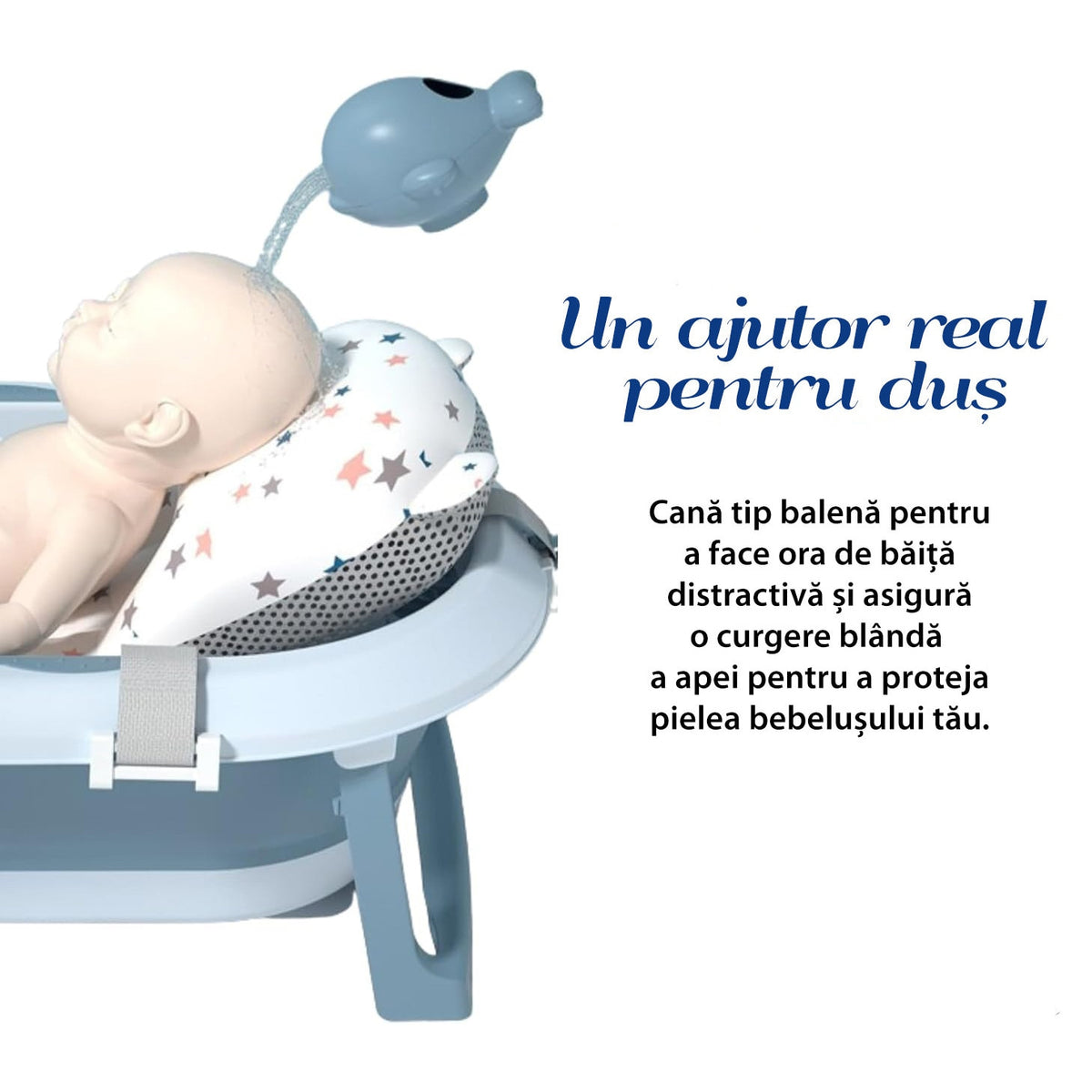 Cadita Pliabila cu Perna de Baie Hipoalergenica pentru Bebelusi LittleDomi®. 0-18 Luni, Termometru Incorporat, Suport pentru Cap de Dus si Sapun, Dop Scurgere, Cana pentru Clatire Tip Jucarie, Picioare Antiderapante, Gaura Agatare, Albastru — LD-447 galerie 13