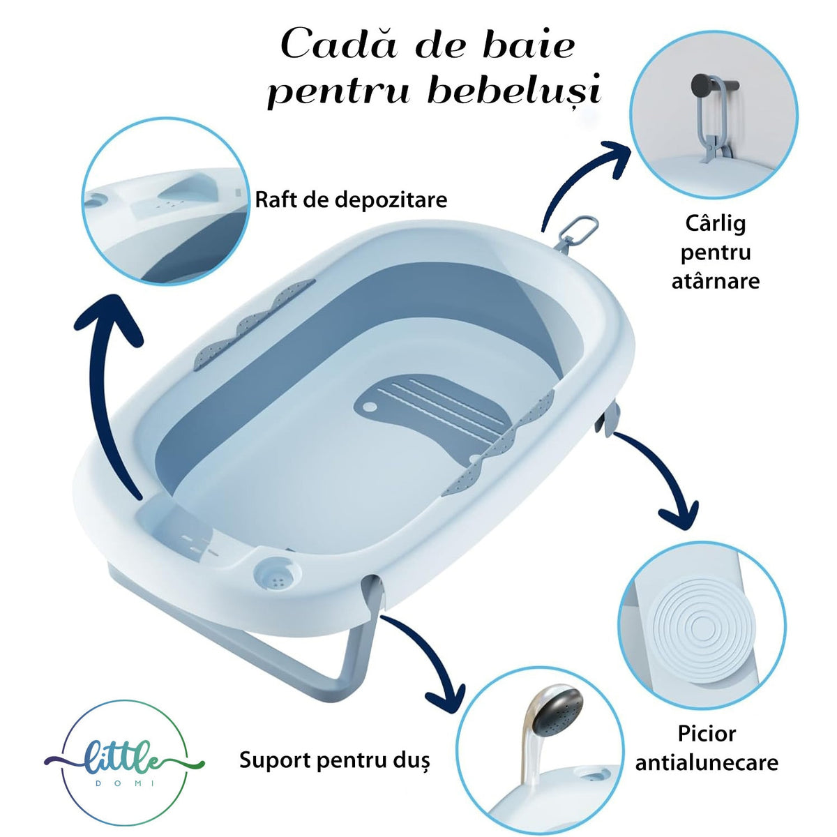 Cadita Pliabila cu Perna de Baie Hipoalergenica pentru Bebelusi LittleDomi®. 0-18 Luni, Termometru Incorporat, Suport pentru Cap de Dus si Sapun, Dop Scurgere, Cana pentru Clatire Tip Jucarie, Picioare Antiderapante, Gaura Agatare, Albastru — LD-447 galerie 3