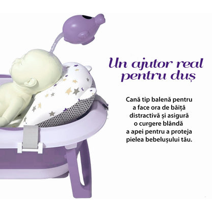 Cadita Pliabila cu Perna de Baie Hipoalergenica pentru Bebelusi LittleDomi®. 0-18 Luni, Termometru Incorporat, Suport pentru Cap de Dus si Sapun, Dop Scurgere, Cana pentru Clatire Tip Jucarie, Picioare Antiderapante, Gaura Agatare, Roz Movuliu — LD-448 galerie 14