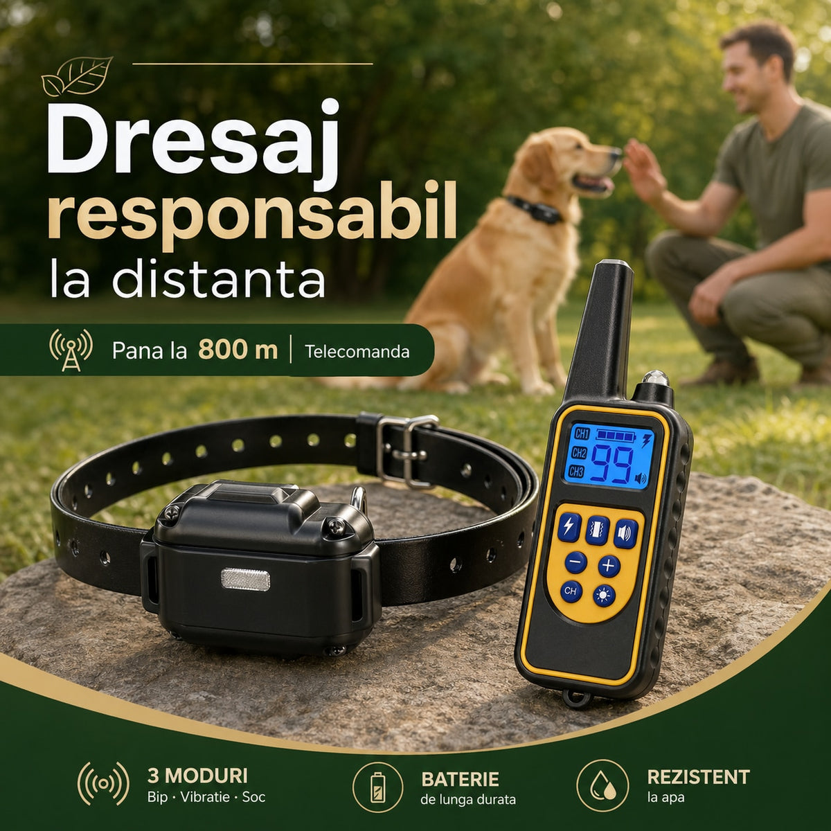 Zgarda Electrica pentru Dresaj Caini, LD-880,99 Nivele de Vibratii, Ghid Dresaj, Raza Actiune 800m, Reincarcabila, IP6x - Rezistenta la Apa si Praf, Electrozi Cauciucati, Protectie Piele, Power Saving, Circumferinta pana la 70 cm, Pretabil Vanatoare, Negr — LD-155 galerie 2