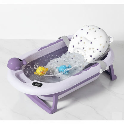 Cadita Pliabila cu Perna de Baie Hipoalergenica pentru Bebelusi LittleDomi®. 0-18 Luni, Termometru Incorporat, Suport pentru Cap de Dus si Sapun, Dop Scurgere, Cana pentru Clatire Tip Jucarie, Picioare Antiderapante, Gaura Agatare, Roz Movuliu — LD-448 galerie 2
