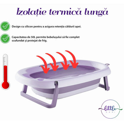 Cadita Pliabila cu Perna de Baie Hipoalergenica pentru Bebelusi LittleDomi®. 0-18 Luni, Termometru Incorporat, Suport pentru Cap de Dus si Sapun, Dop Scurgere, Cana pentru Clatire Tip Jucarie, Picioare Antiderapante, Gaura Agatare, Roz Movuliu — LD-448 galerie 6