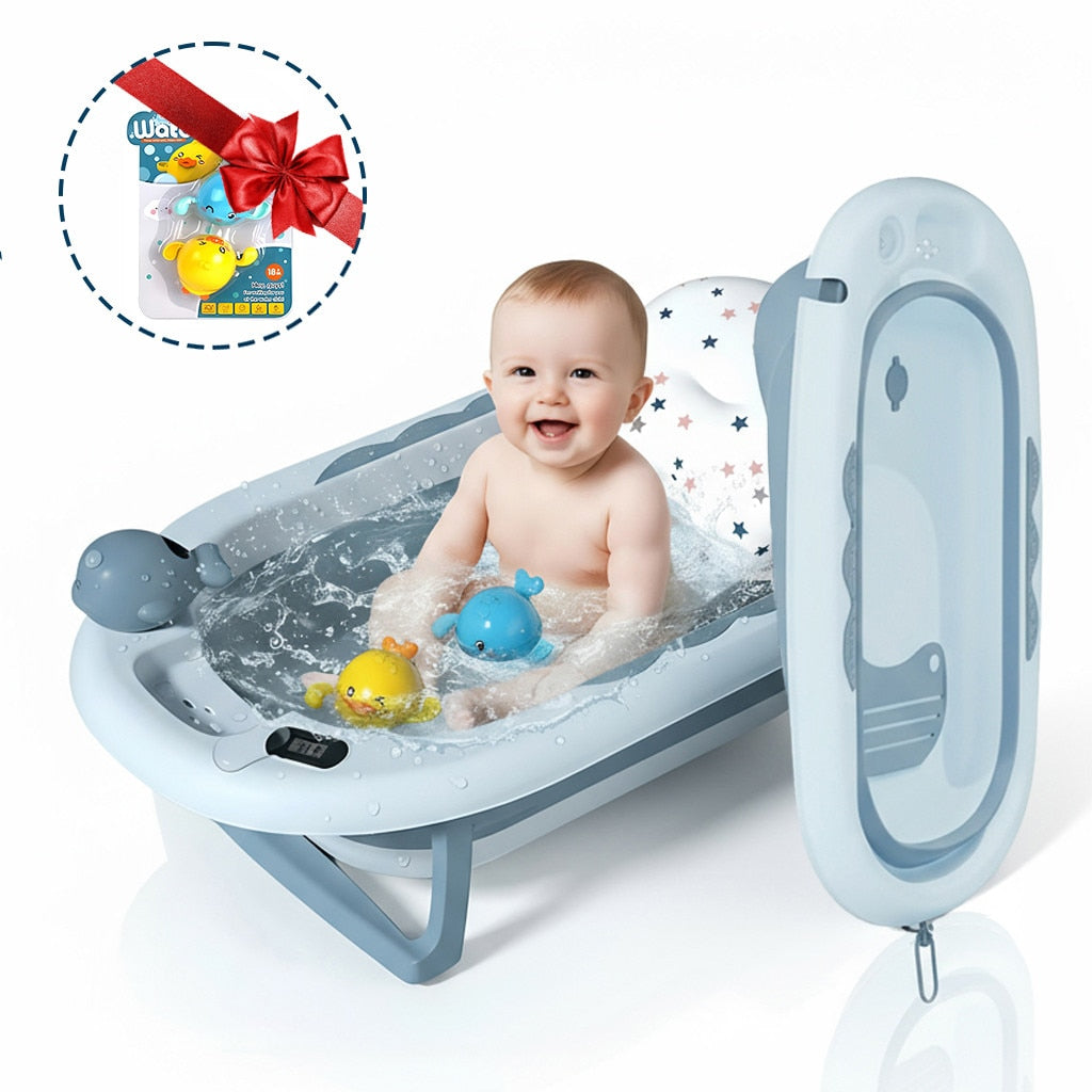 Cadita Pliabila cu Perna de Baie Hipoalergenica pentru Bebelusi LittleDomi®. 0-18 Luni, Termometru Incorporat, Suport pentru Cap de Dus si Sapun, Dop Scurgere, Cana pentru Clatire Tip Jucarie, Picioare Antiderapante, Gaura Agatare, Albastru — LD-447 galerie 1
