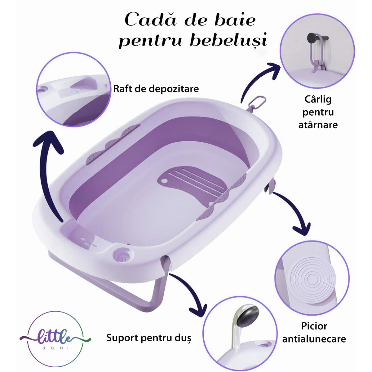 Cadita Pliabila cu Perna de Baie Hipoalergenica pentru Bebelusi LittleDomi®. 0-18 Luni, Termometru Incorporat, Suport pentru Cap de Dus si Sapun, Dop Scurgere, Cana pentru Clatire Tip Jucarie, Picioare Antiderapante, Gaura Agatare, Roz Movuliu — LD-448 galerie 4