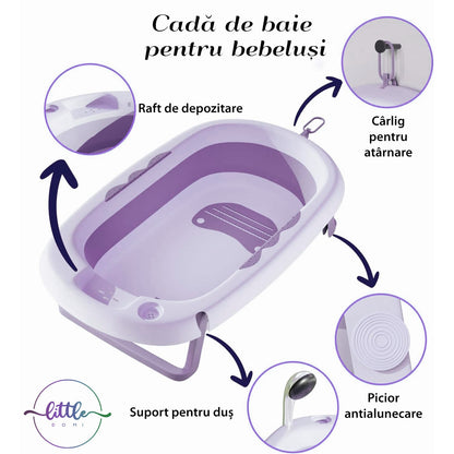 Cadita Pliabila cu Perna de Baie Hipoalergenica pentru Bebelusi LittleDomi®. 0-18 Luni, Termometru Incorporat, Suport pentru Cap de Dus si Sapun, Dop Scurgere, Cana pentru Clatire Tip Jucarie, Picioare Antiderapante, Gaura Agatare, Roz Movuliu — LD-448 galerie 4