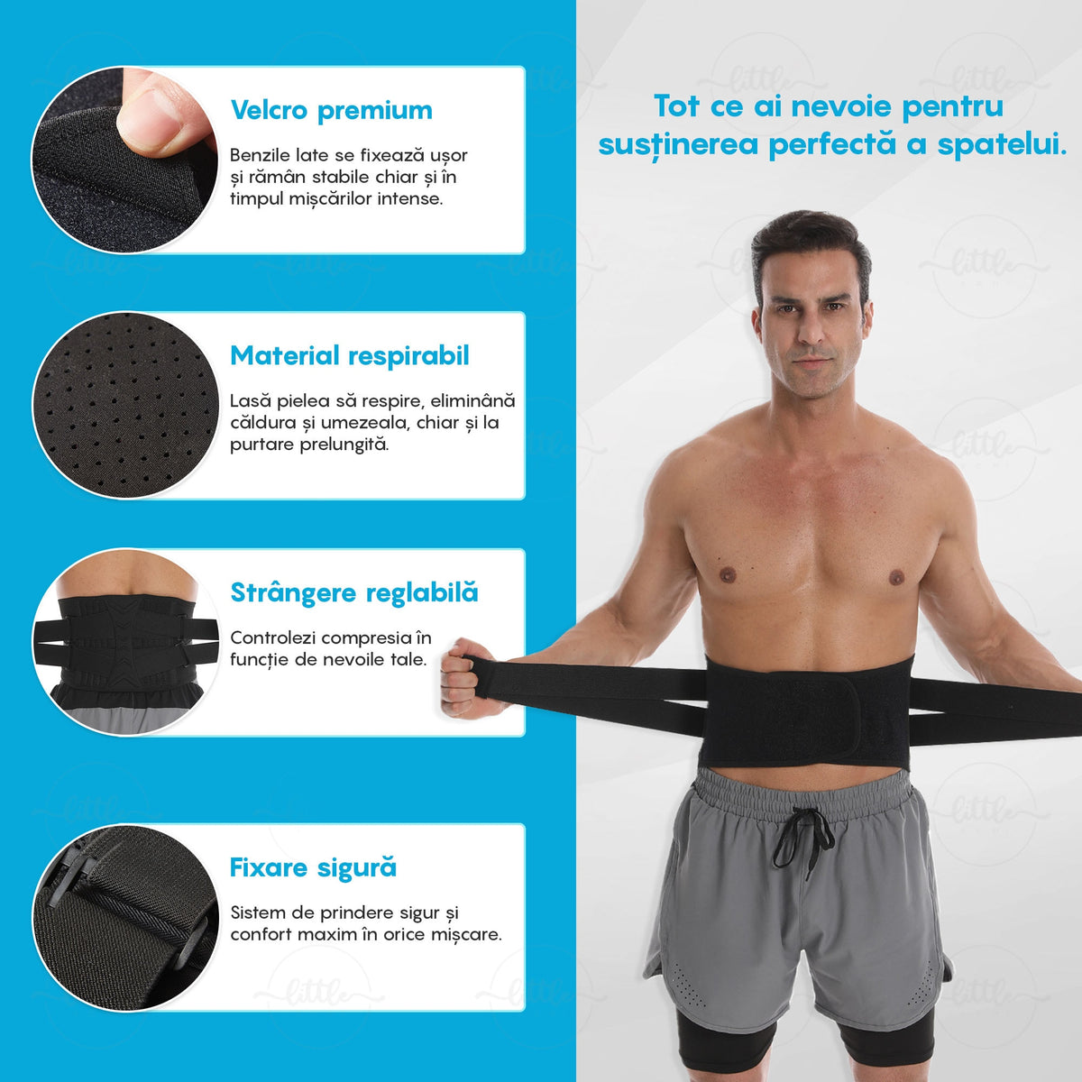 Centura Lombara LittleDomi, 10 Zone de Suport si Corector Postura, Neopren Perforat, Compresie Dubla Reglabila, pentru Dureri Lombare, Spondiloza, Hernie de Disc, Suport Spate pentru Coloana la Birou, Sala sau Stat Prolongat, Unisex, Marimea M, Negru — LD-480 galerie 6