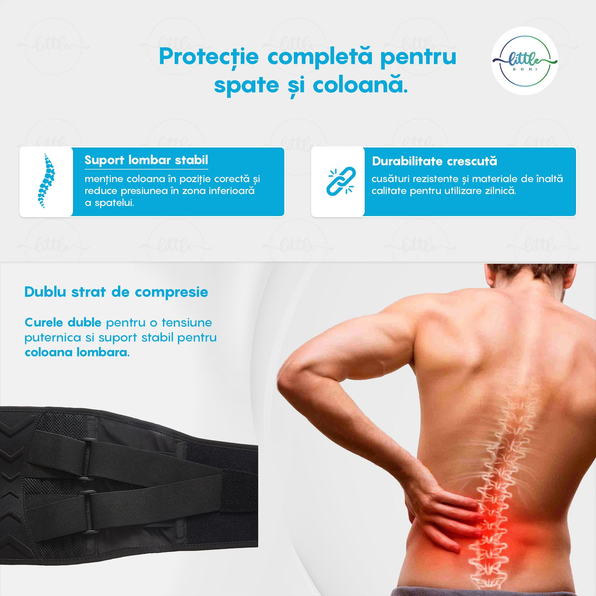 Centura Lombara LittleDomi, 10 Zone de Suport si Corector Postura, Compresie Dubla Reglabila, Neopren Perforat, pentru Dureri Lombare, Spondiloza, Hernie de Disc, Suport Spate pentru Coloana la Birou, Sala sau Stat Prolongat, Unisex, Marimea L, Negru — LD-481 galerie 4