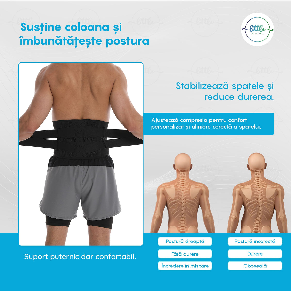 Centura Lombara LittleDomi, 10 Zone de Suport si Corector Postura, Neopren Perforat, Compresie Dubla Reglabila, pentru Dureri Lombare, Spondiloza, Hernie de Disc, Suport Spate pentru Coloana la Birou, Sala sau Stat Prolongat, Unisex, Marimea M, Negru — LD-480 galerie 3