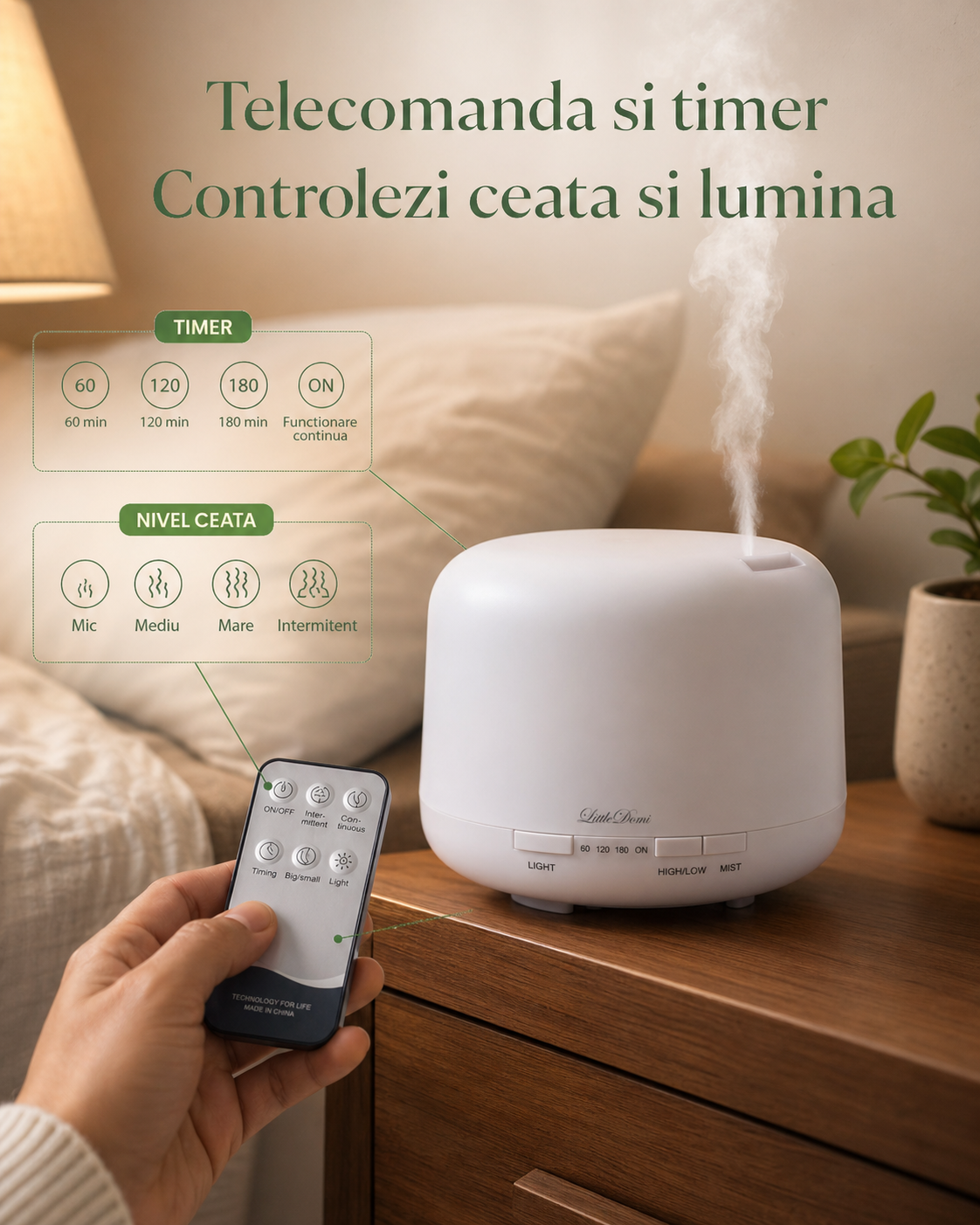 Telecomanda difuzor aromaterapie cu timer si reglaj ceata