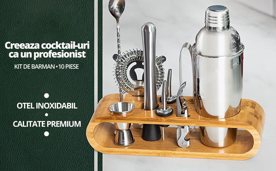 Set de Barman LittleDomi 10 Piese Otel Inoxidabil Suport Bambus Shaker Cobbler 550ml Argintiu