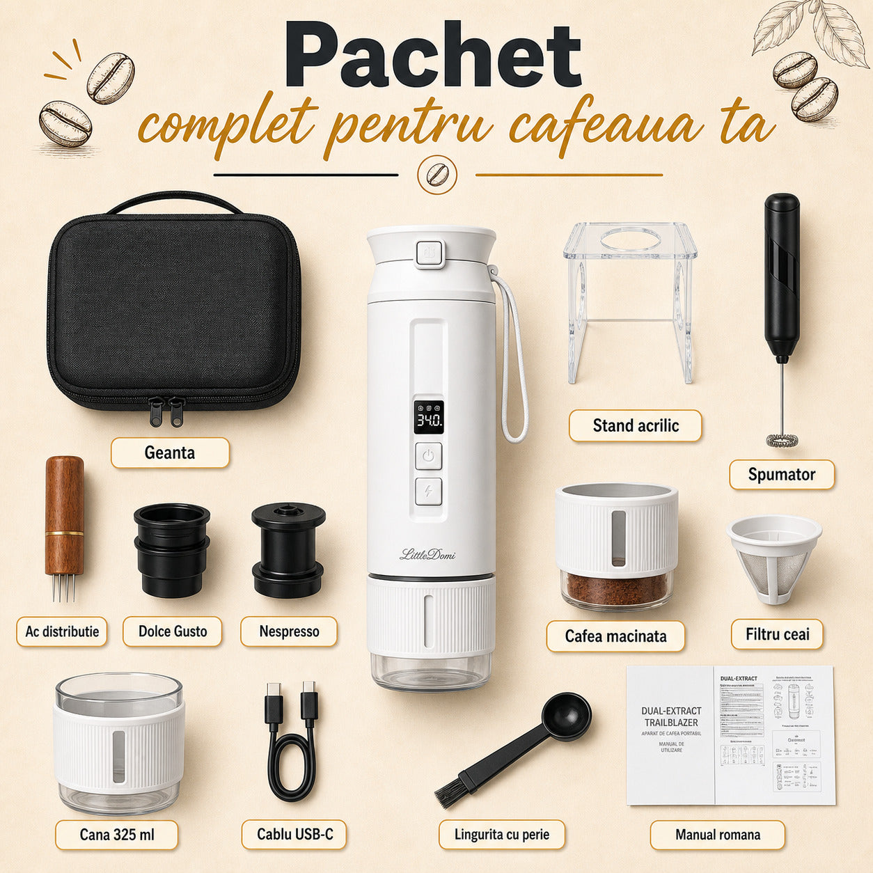 Pachet premium complet espressor portabil LittleDomi alb geanta stand spumator WDT adaptoare