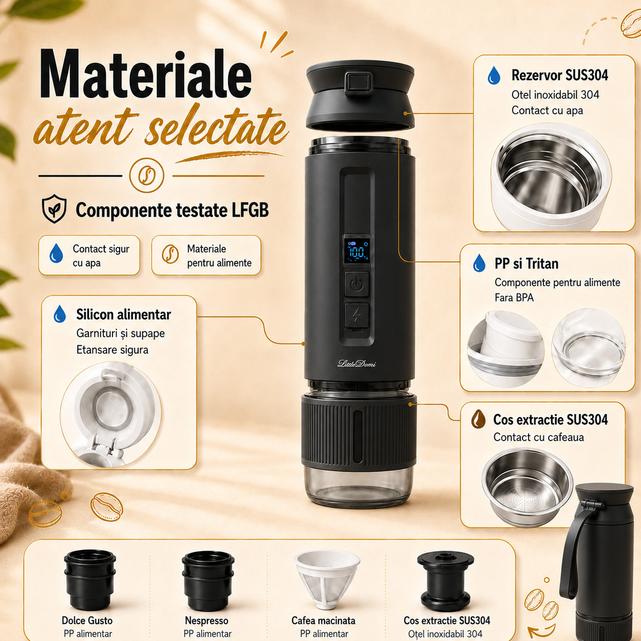 Materiale atent selectate espressor portabil LittleDomi negru SUS304 PP Tritan silicon alimentar