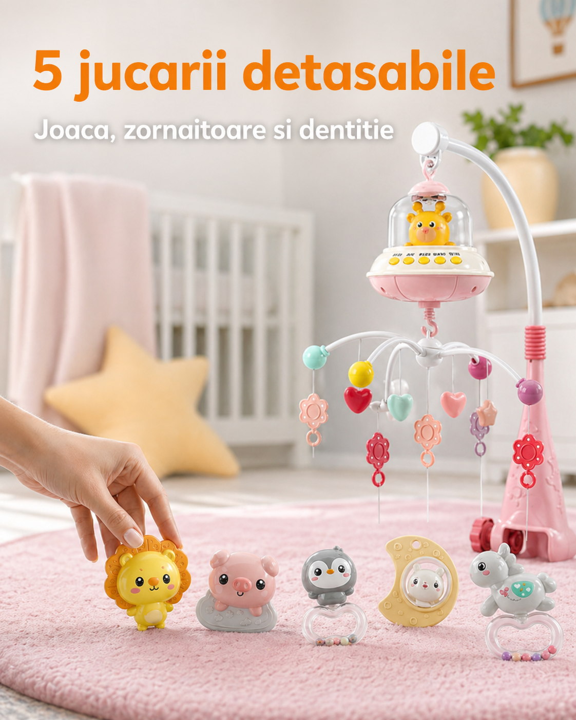 5 jucarii detasabile pentru carusel muzical roz bebelusi