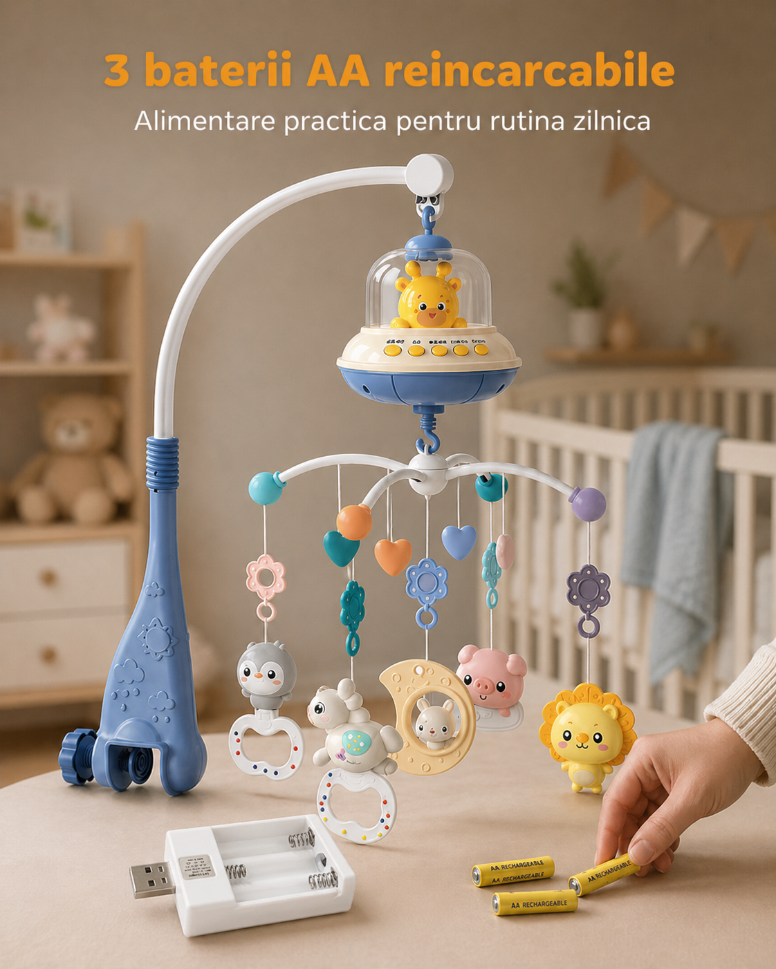 Carusel muzical reincarcabil cu 3 baterii AA reincarcabile
