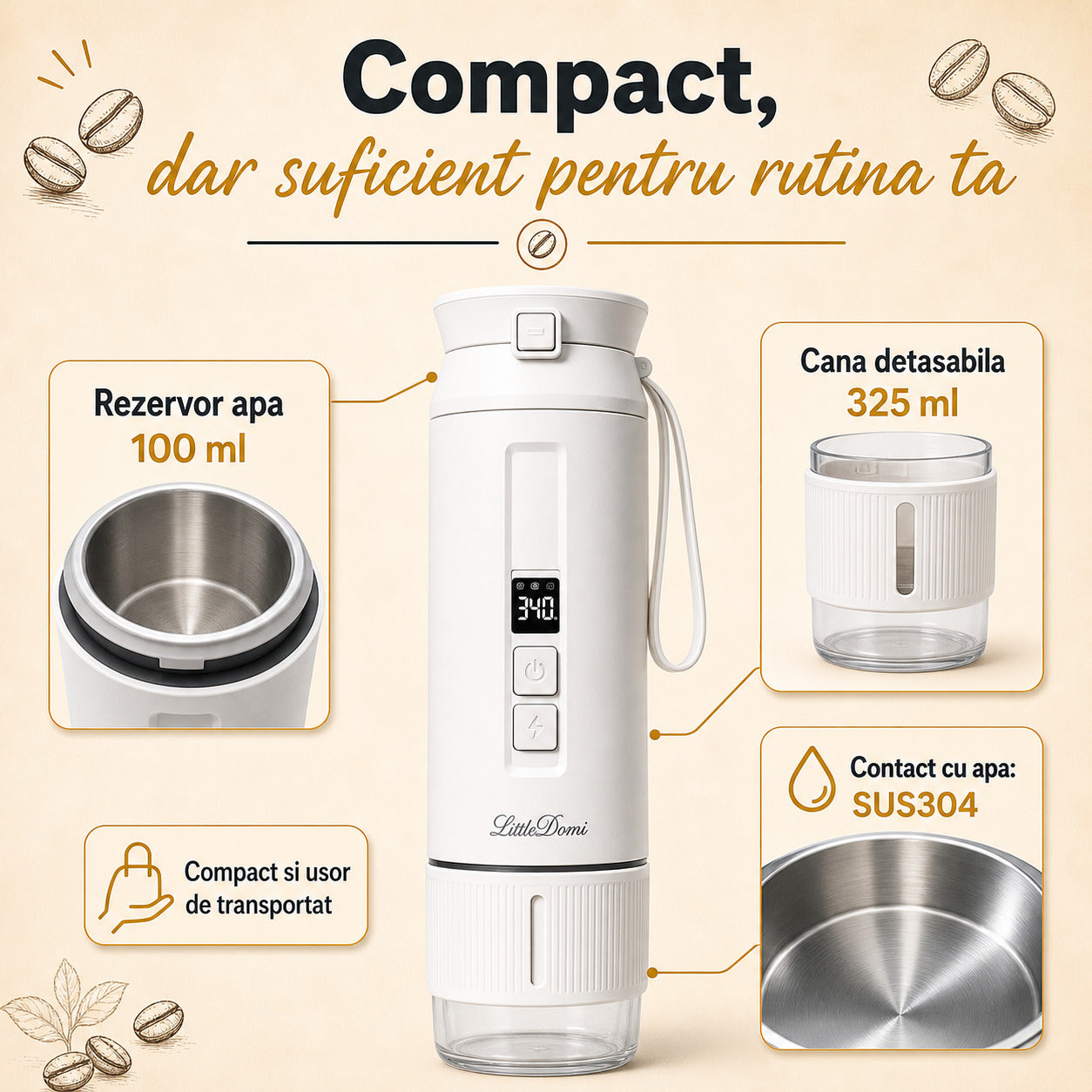 Espressor portabil LittleDomi alb capacitate rezervor 100 ml cana 325 ml material SUS304