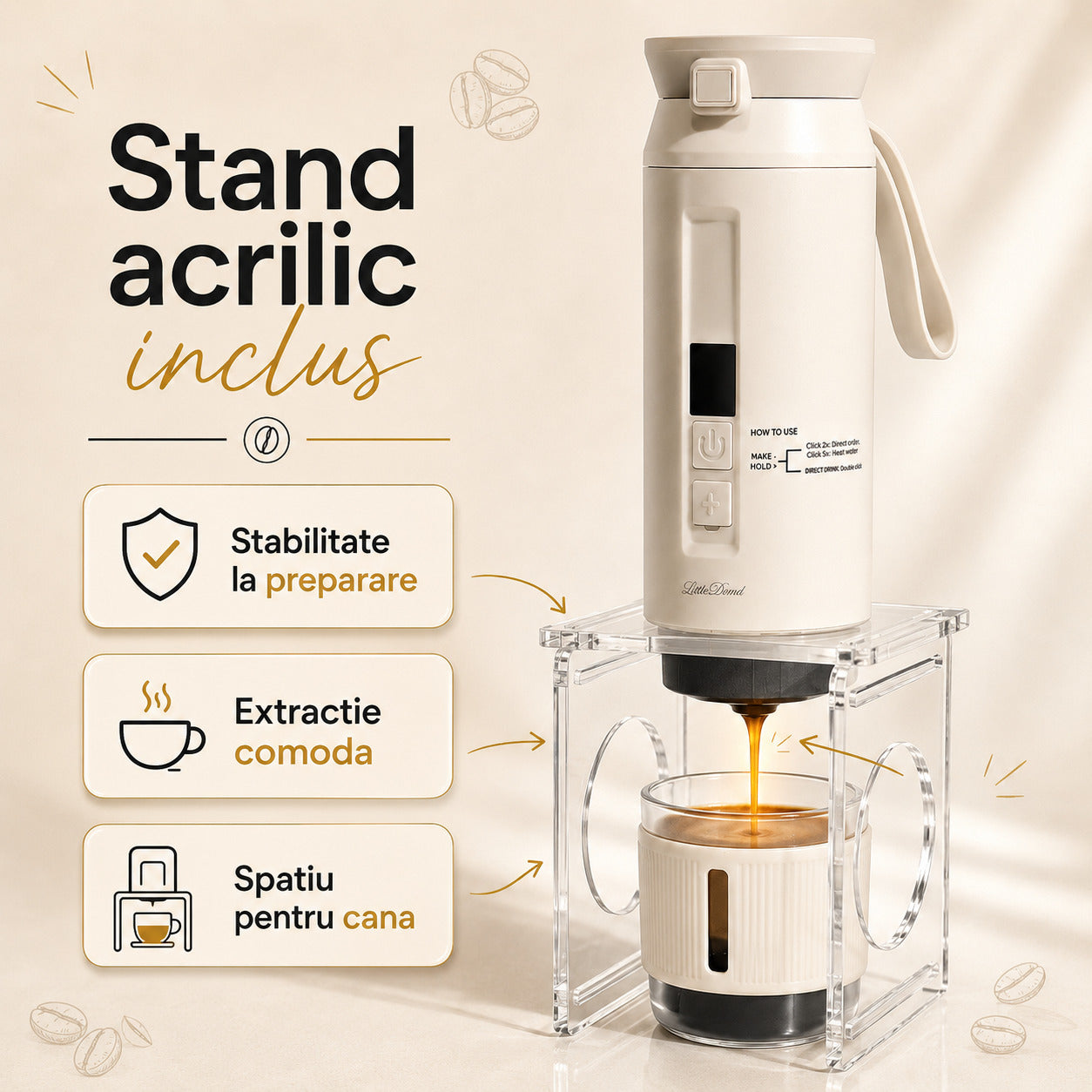 Stand acrilic inclus espressor portabil LittleDomi alb stabil pentru preparare