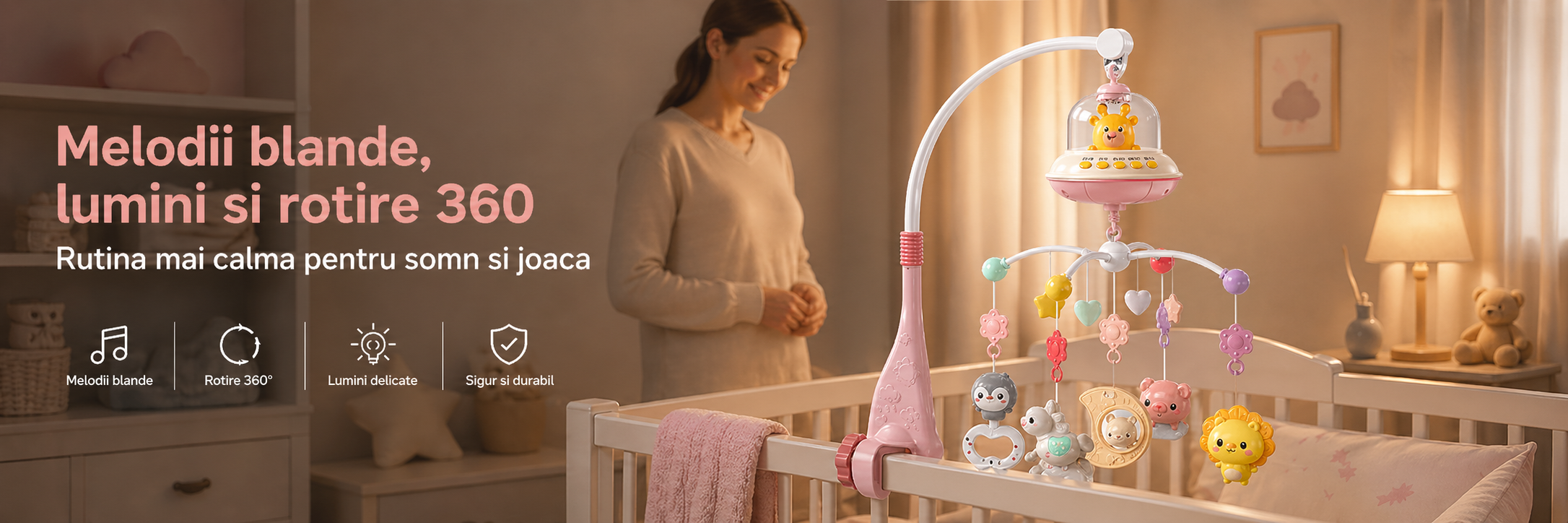 Carusel muzical roz pentru patut bebelusi cu telecomanda si jucarii detasabile