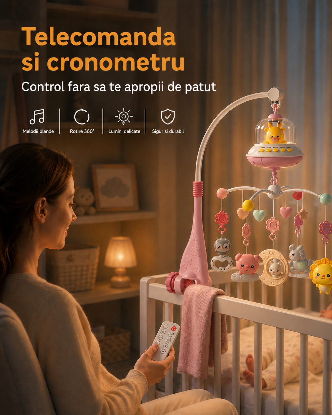 Telecomanda pentru carusel muzical roz cu cronometru si volum ajustabil