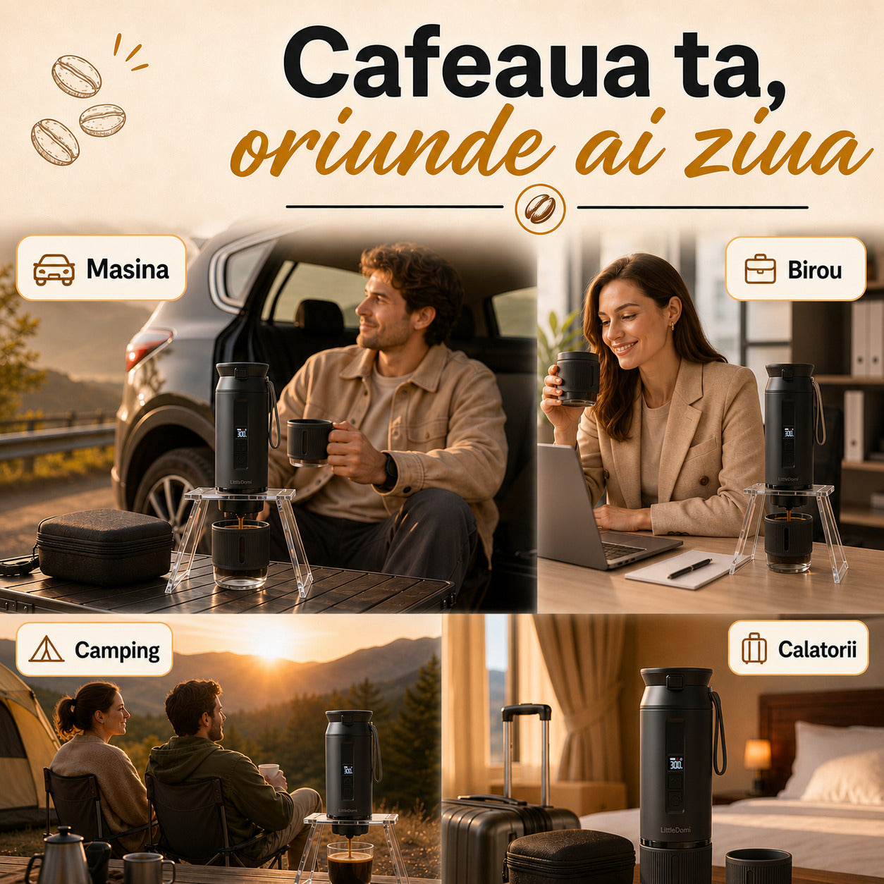 Espressor portabil LittleDomi negru utilizare acasa masina birou camping calatorii