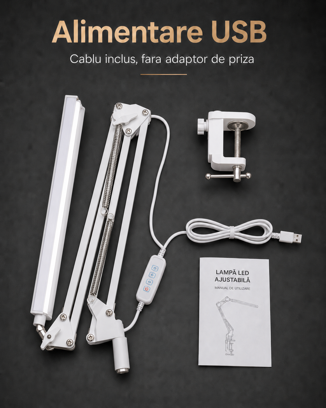 Lampa birou LED alimentare USB cu cablu inclus si montaj cu clema