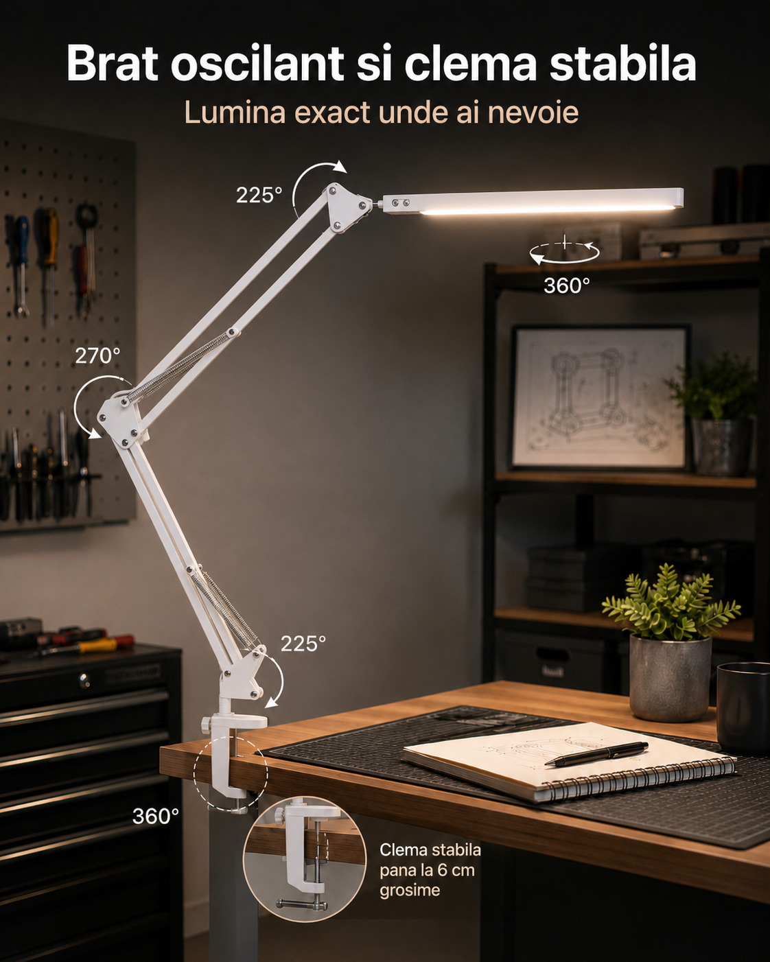 Lampa LED cu brat oscilant, clema si rotire reglabila