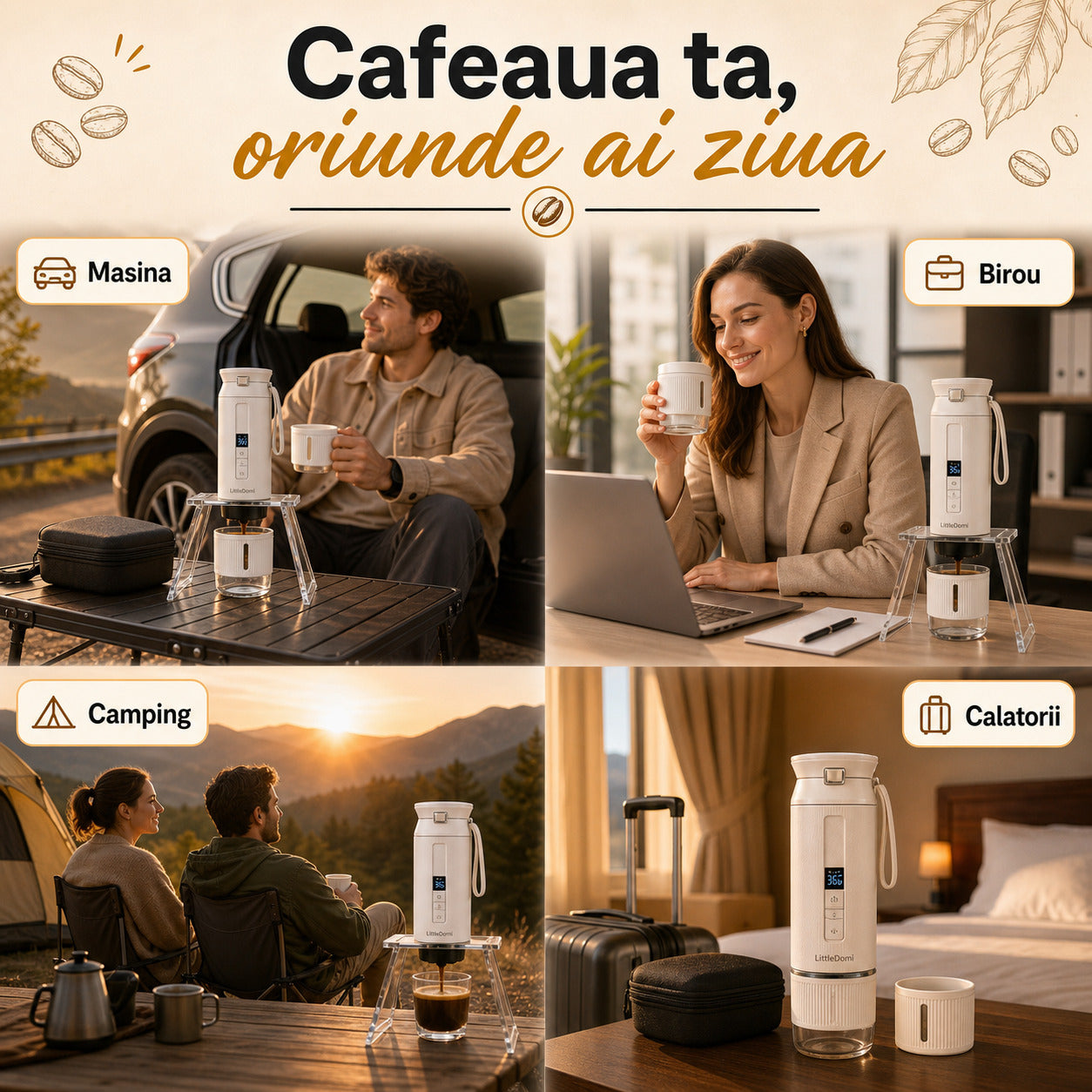 Espressor portabil LittleDomi alb utilizare acasa masina birou camping calatorii