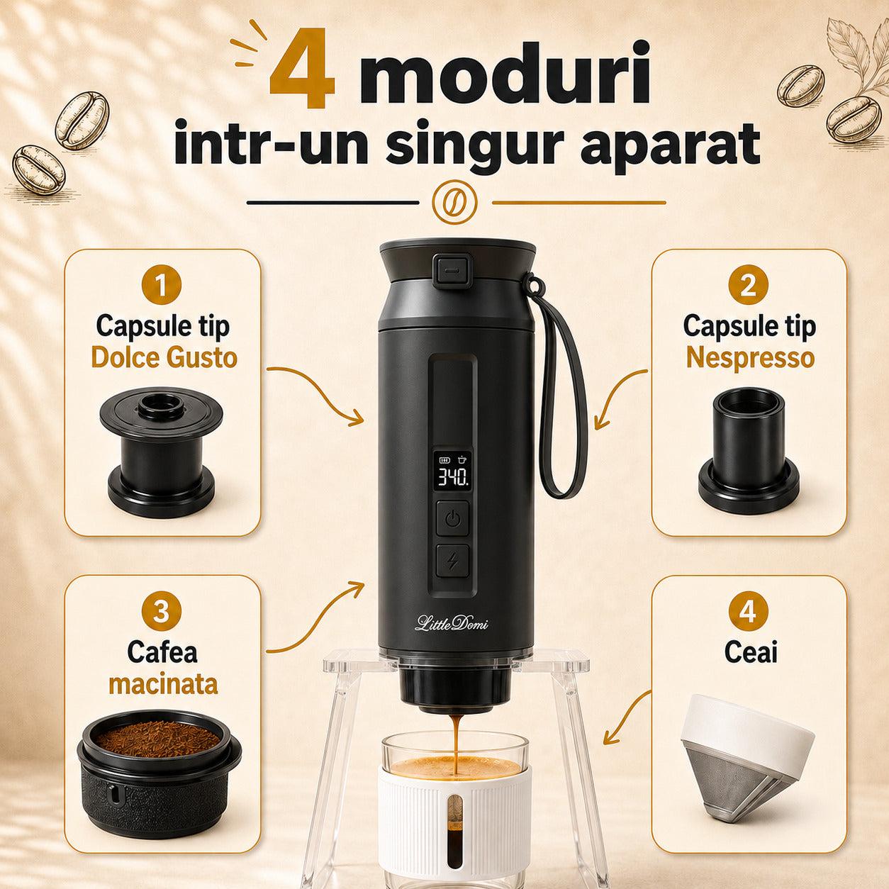 Espressor portabil LittleDomi negru 4 moduri capsule tip Dolce Gusto Nespresso cafea macinata ceai