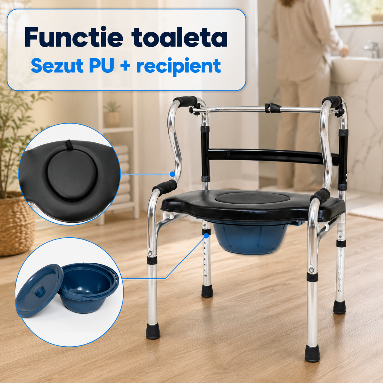 Cadru de mers functie toaleta sezut PU si recipient detasabil